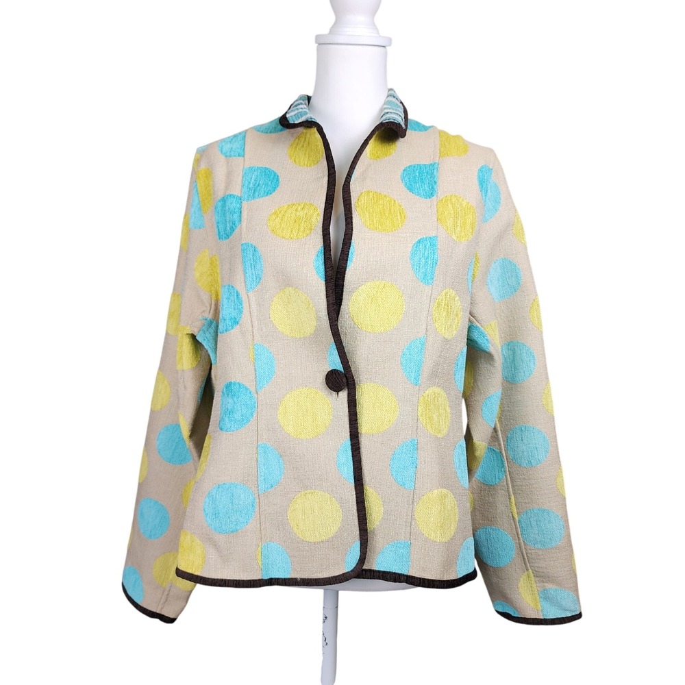 Khangura Reversible Tapestry Jacket Womens Large Turquoise Green Dot Preppy Art